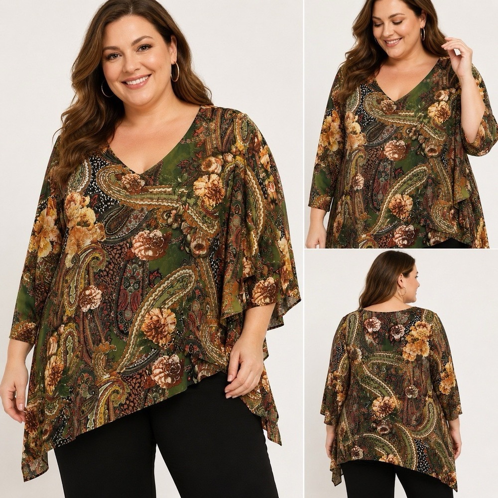 Susan Graver Plus 3X Paisley Floral Asymmetrical Liquid Knit Tunic Top Casual